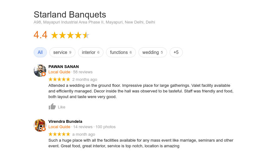 Starland Banquets reviews on google